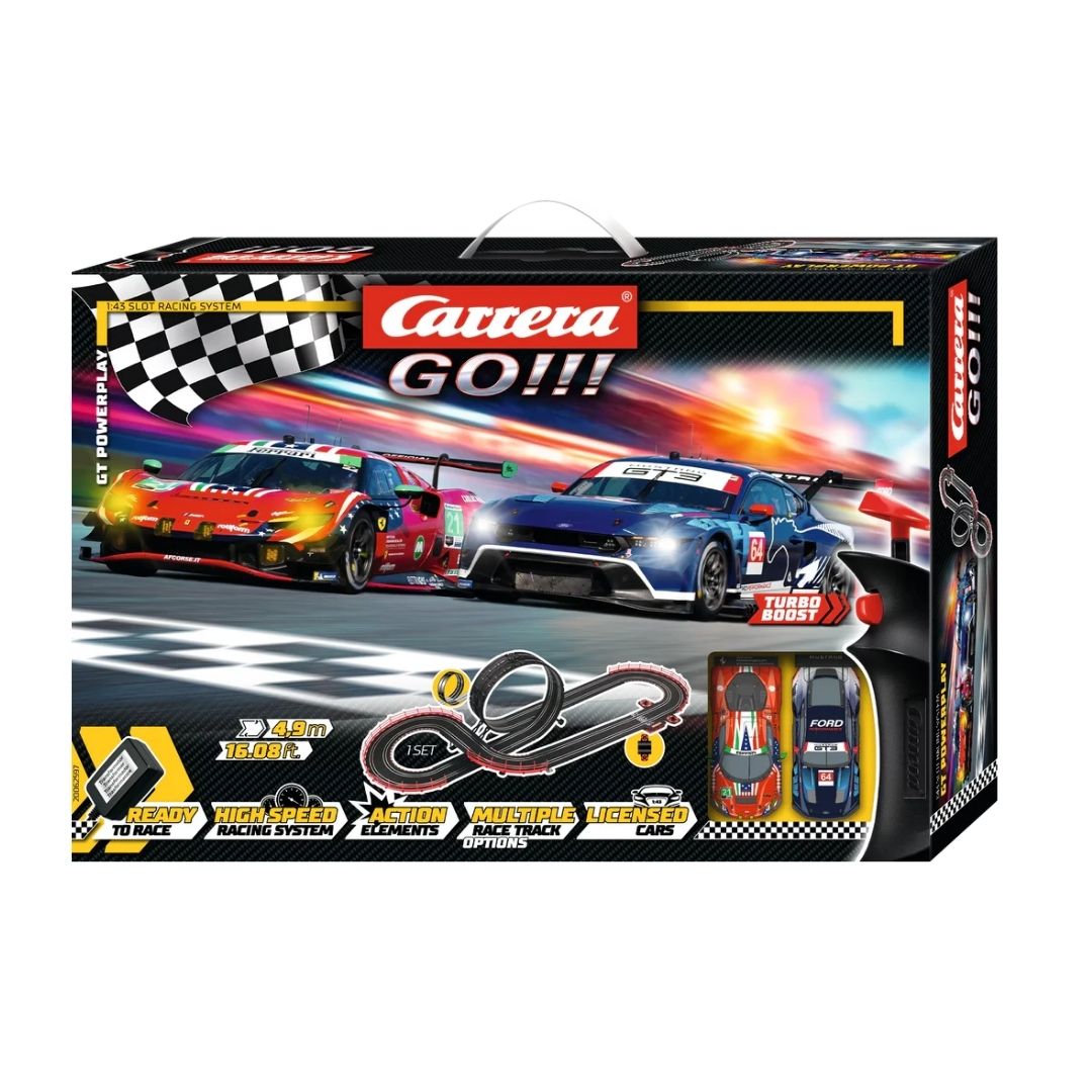 Carrera GO!!! GT Powerplay slot car set featuring two 1:43 scale GT racing cars on a 4.9-meter track with a loop-the-loop, high-speed fly-over, and professional lap counter.