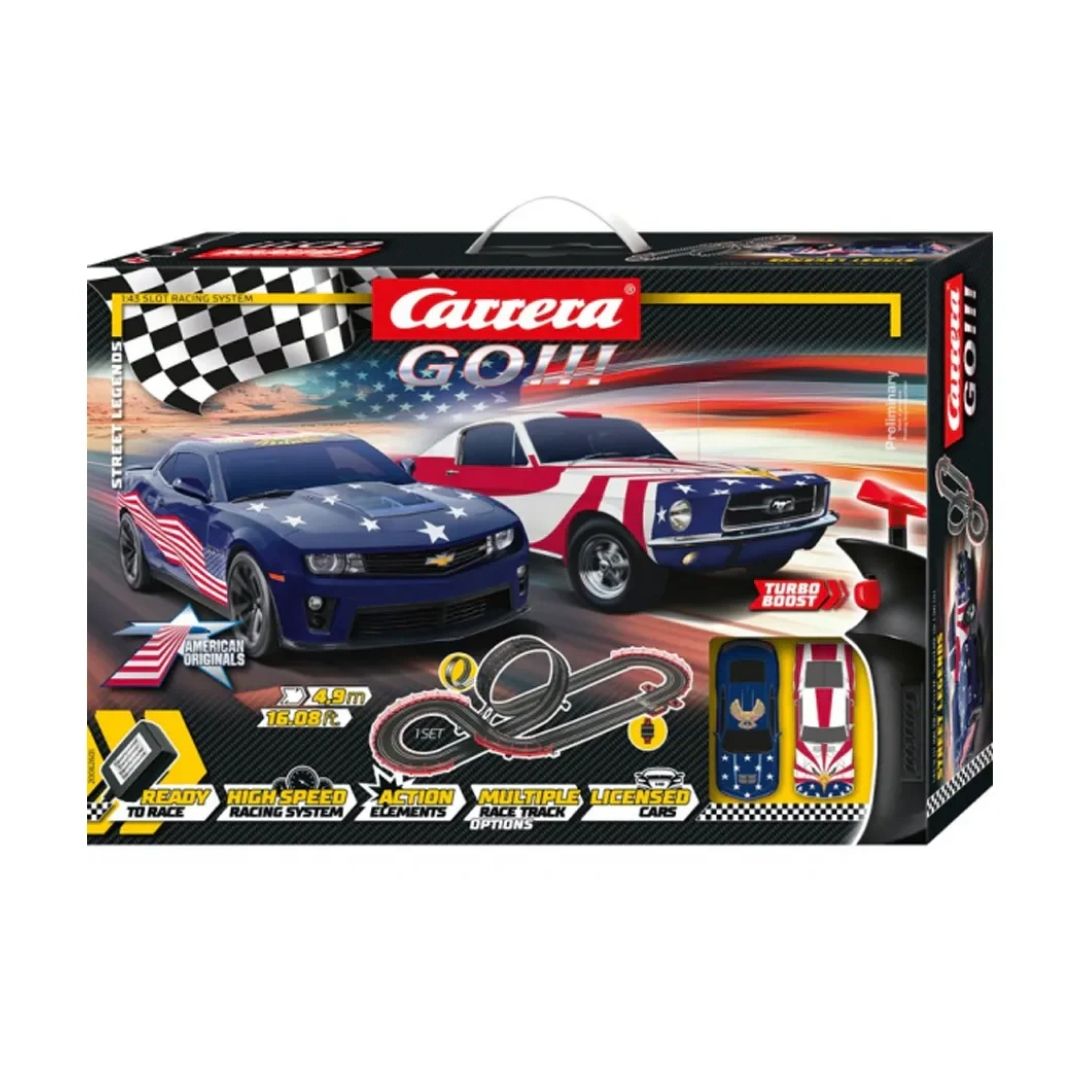 Carrera GO!!! Street Legends slot car racing set featuring two 1:43 scale urban sports cars on a 4.9-meter track with a loop-the-loop, fly-over, and Turbo Boost controllers.