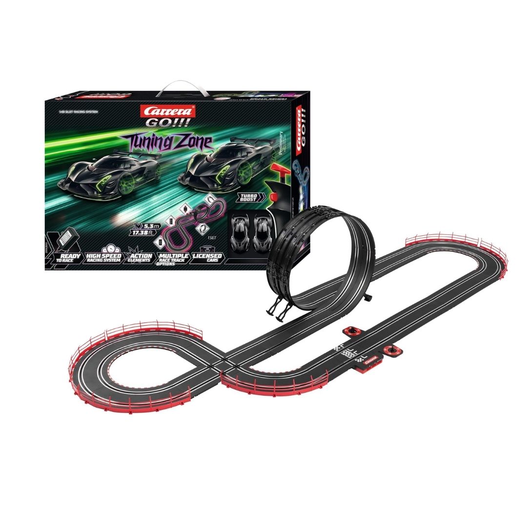 Carrera GO!!! Tuning Zone slot car racing set featuring two 1:43 scale custom-tuned sports cars on a 5.3-meter track with a loop-the-loop, fly-over, and intersection.