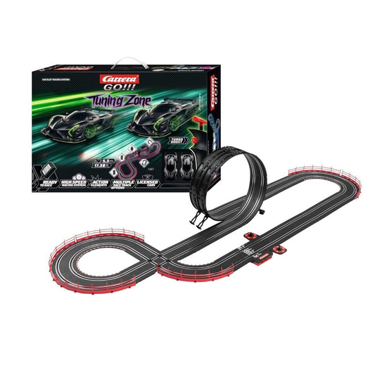 Carrera GO!!! Tuning Zone slot car racing set featuring two 1:43 scale custom-tuned sports cars on a 5.3-meter track with a loop-the-loop, fly-over, and intersection.