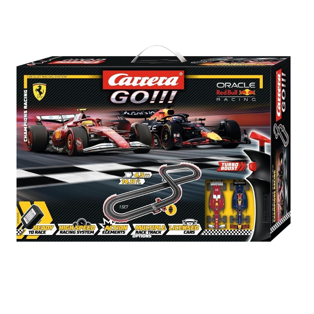 Carrera GO!!! Champions Racing slot car set featuring two 1:43 scale championship racing cars on a 4.3-meter track with high-speed curves, fly-over, and Turbo Boost controllers.