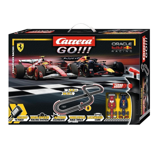 Carrera GO!!! Champions Racing slot car set featuring two 1:43 scale championship racing cars on a 4.3-meter track with high-speed curves, fly-over, and Turbo Boost controllers.