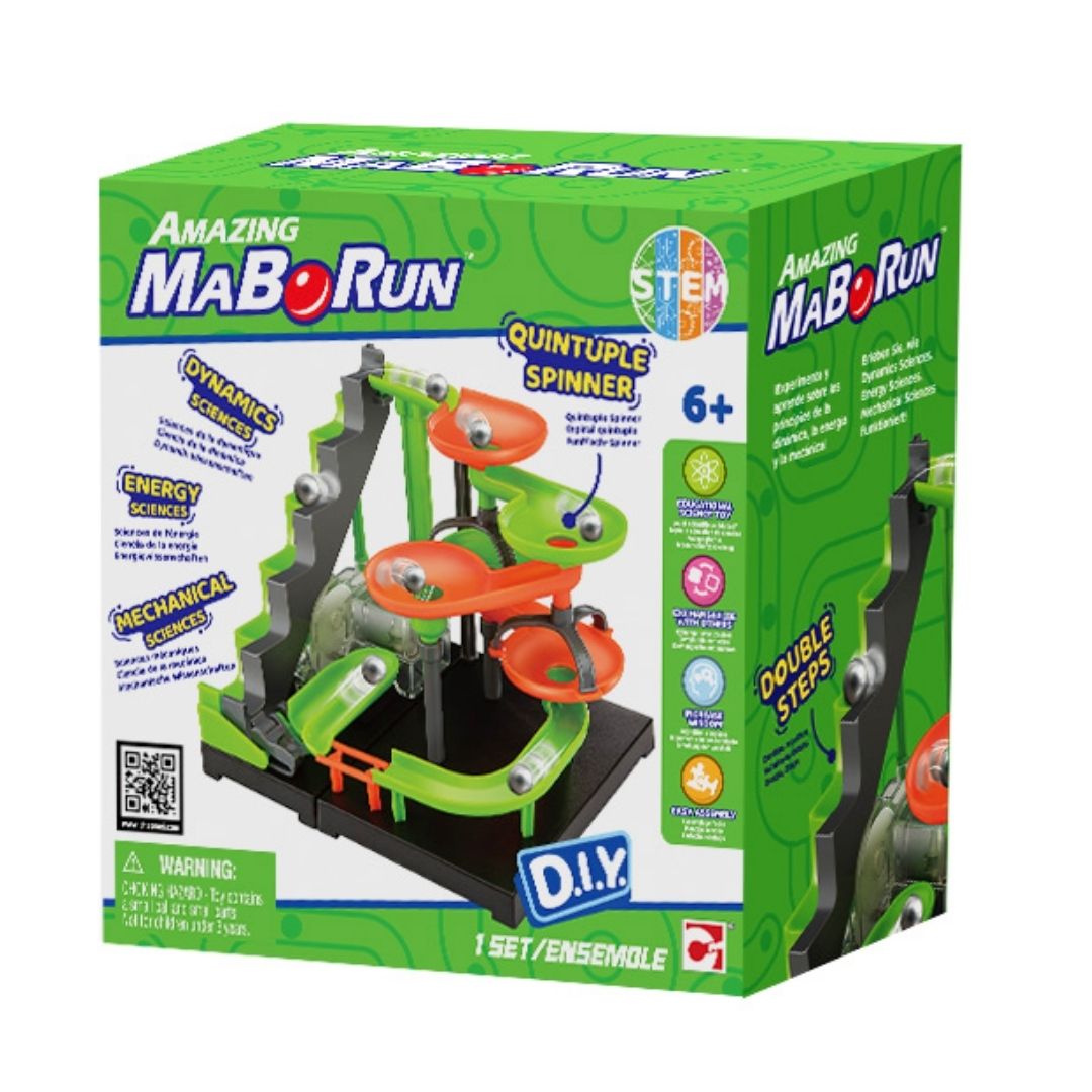 Chapmei Maborun Amazing Twist-Step Spinning Disc playset featuring a multicolor mechanical marble run with a spiral elevator, spinning discs, and transparent track sections.