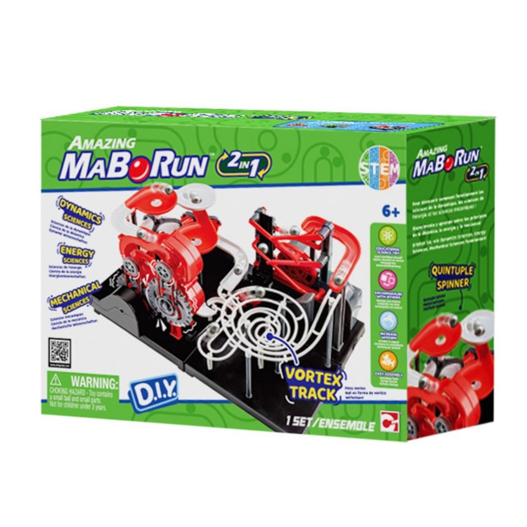Chapmei Maborun 2-in-1 Spinning Disc marble run set featuring a multicolor transparent track, a central mechanical spinning disc, and steel marbles in an interactive STEM assembly kit.