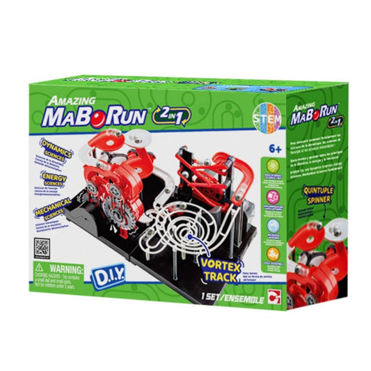 Chapmei Maborun 2-in-1 Spinning Disc marble run set featuring a multicolor transparent track, a central mechanical spinning disc, and steel marbles in an interactive STEM assembly kit.