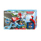 Carrera FIRST Mario Kart slot car set featuring Mario and Princess Peach karts, a blue figure-8 racetrack with 2.4 meters of track, interactive spinners, and ergonomic speed controllers.
