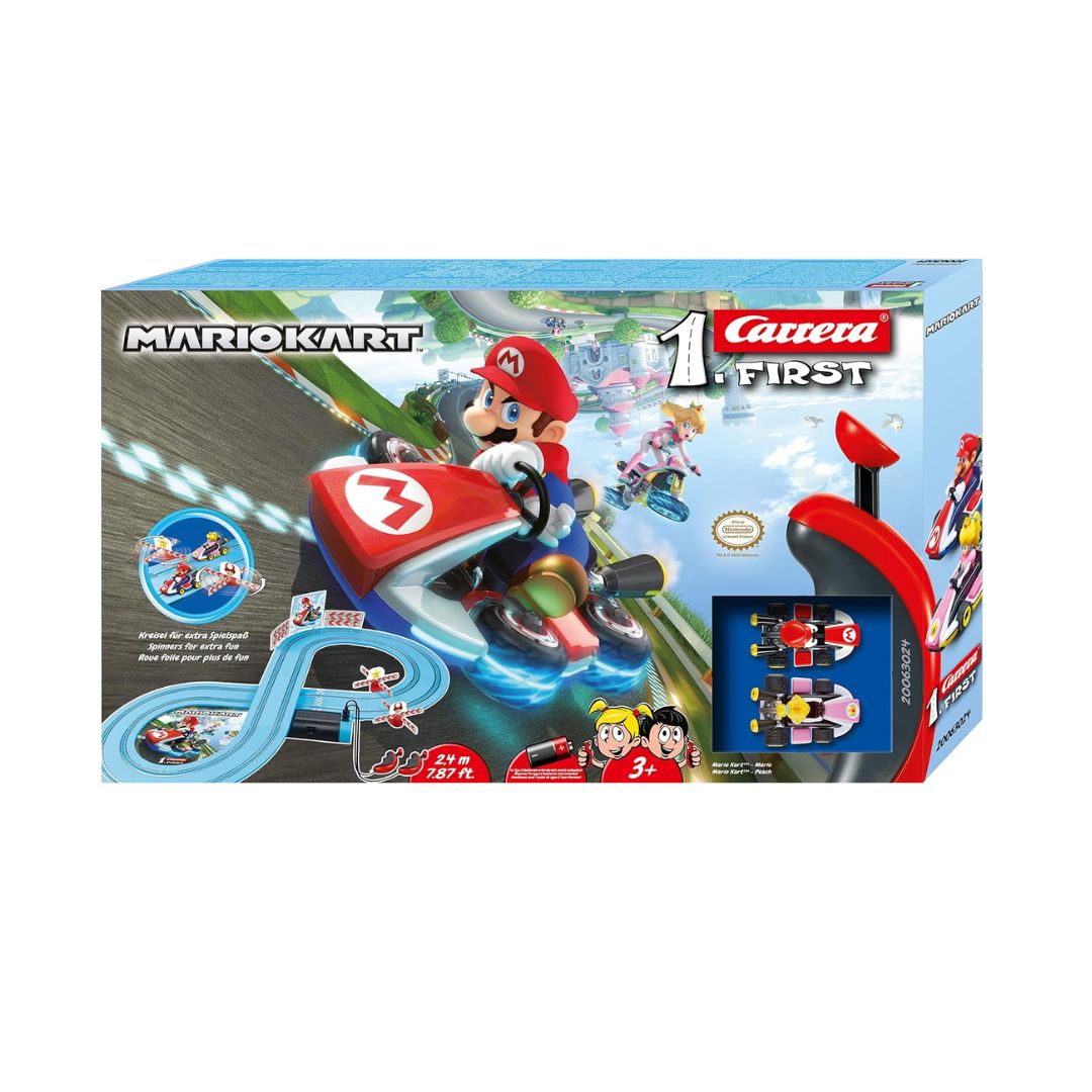 Carrera FIRST Mario Kart slot car set featuring Mario and Princess Peach karts, a blue figure-8 racetrack with 2.4 meters of track, interactive spinners, and ergonomic speed controllers.