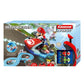Carrera First Nintendo Mario Kart beginner slot car set featuring Mario and Yoshi karts on a blue 2.4-meter battery-operated track designed for toddlers and children aged 3 and up.