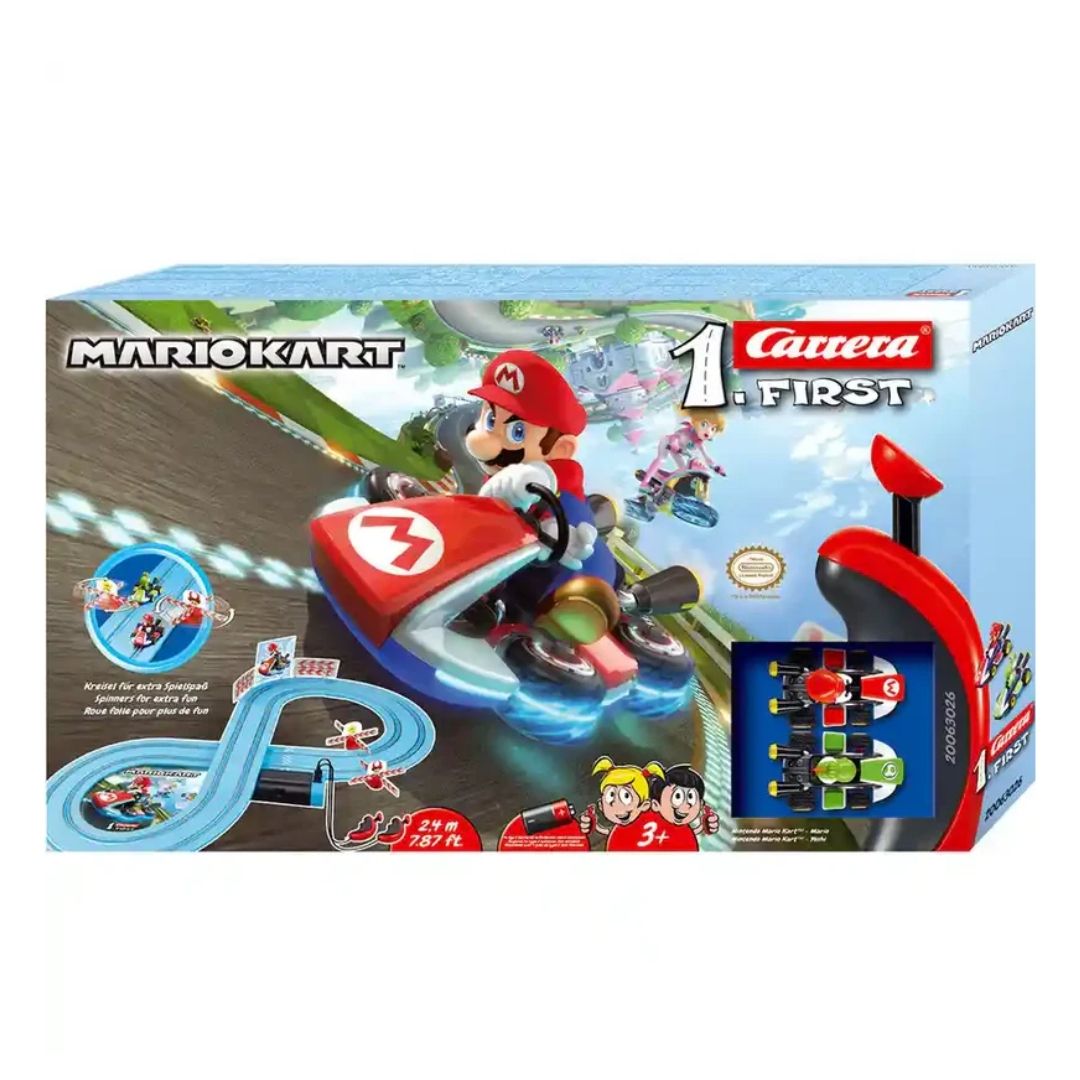 Carrera First Nintendo Mario Kart beginner slot car set featuring Mario and Yoshi karts on a blue 2.4-meter battery-operated track designed for toddlers and children aged 3 and up.