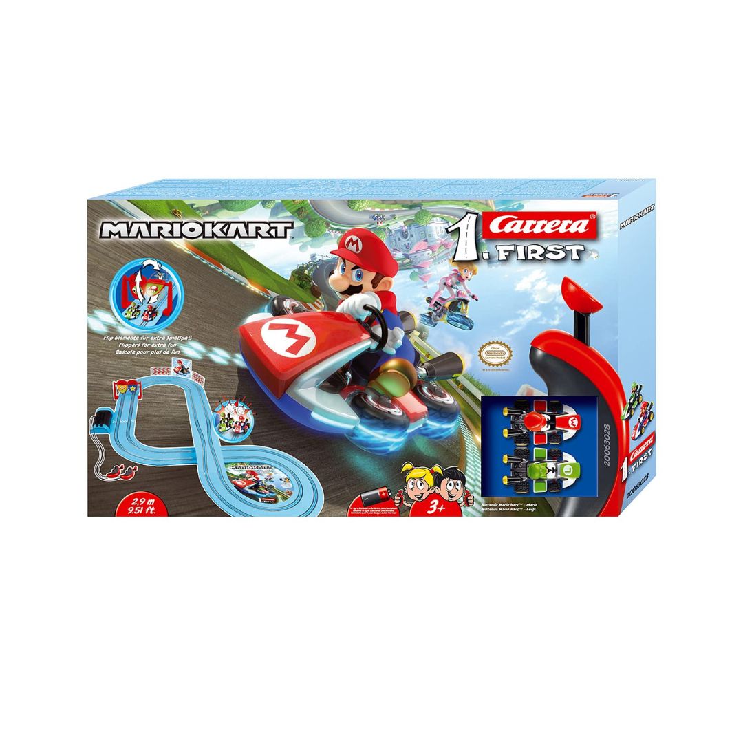 Carrera FIRST Mario Kart slot car set featuring Mario and Luigi karts on a blue figure-8 racetrack with 2.4 meters of track length, interactive spinners, and ergonomic speed controllers.