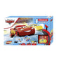 Carrera FIRST Disney Pixar Cars Race of Friends slot car set featuring Lightning McQueen and Dinoco Cruz Ramirez karts on a blue figure-8 racetrack with 2.4 meters of track length, interactive spinners, and ergonomic speed controllers.