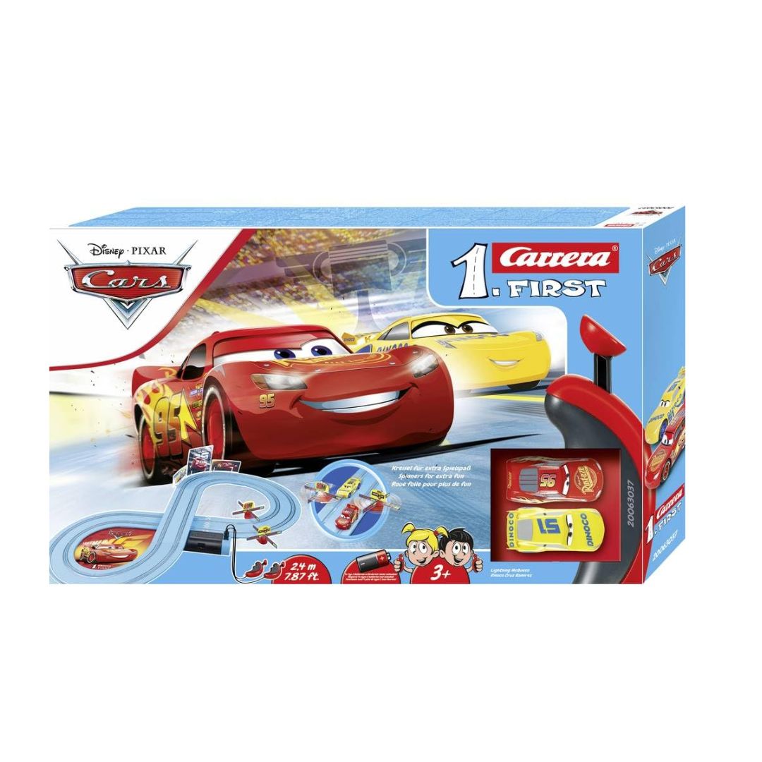 Carrera FIRST Disney Pixar Cars Race of Friends slot car set featuring Lightning McQueen and Dinoco Cruz Ramirez karts on a blue figure-8 racetrack with 2.4 meters of track length, interactive spinners, and ergonomic speed controllers.