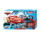 Carrera FIRST Disney Pixar Cars Race of Friends slot car set featuring Lightning McQueen and Dinoco Cruz Ramirez karts on a blue figure-8 racetrack with 2.4 meters of track length, interactive spinners, and ergonomic speed controllers.
