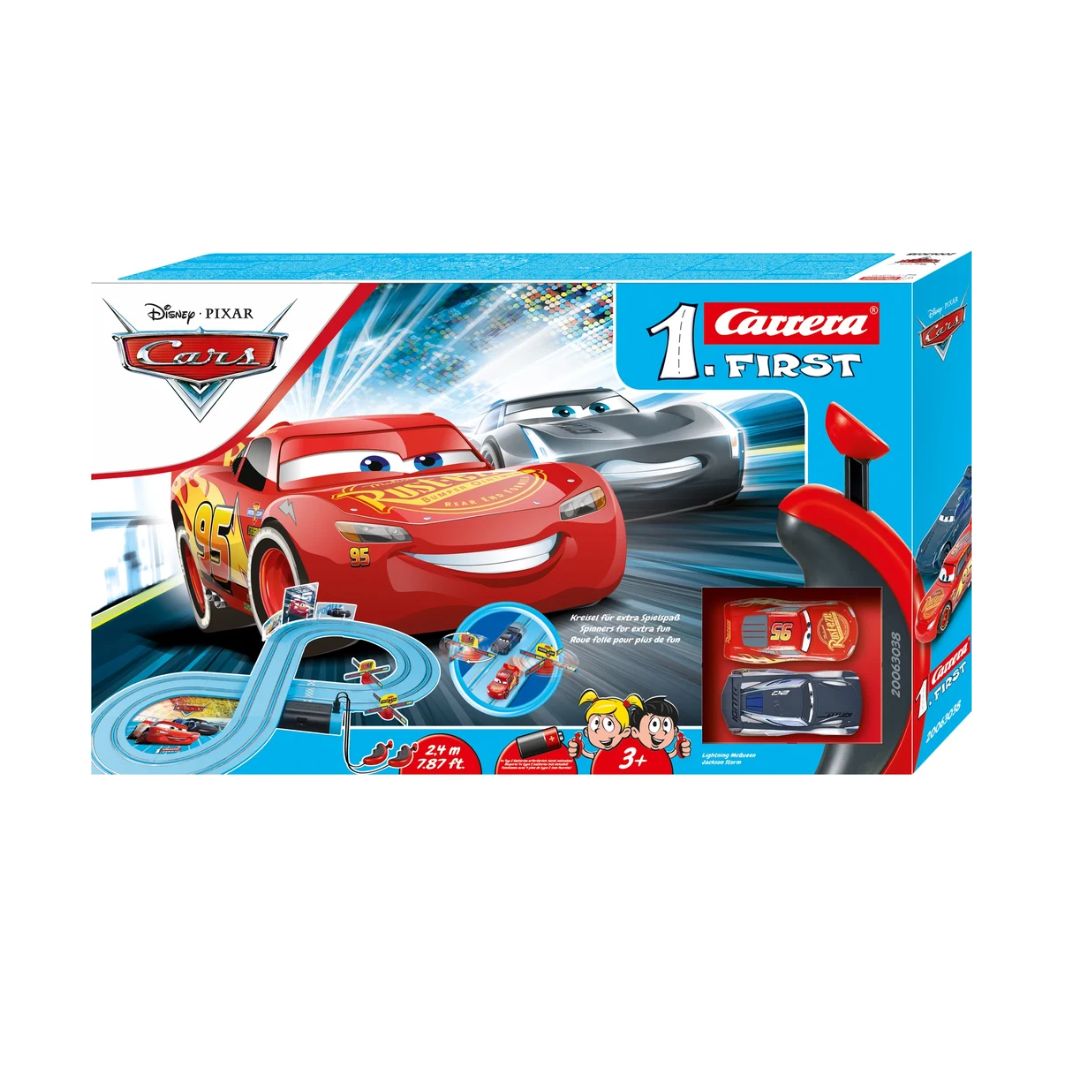 Carrera FIRST Disney Pixar Cars Race of Friends slot car set featuring Lightning McQueen and Dinoco Cruz Ramirez karts on a blue figure-8 racetrack with 2.4 meters of track length, interactive spinners, and ergonomic speed controllers.