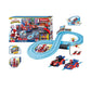 Carrera FIRST Marvel Spidey and His Amazing Friends Web Spinners slot car set featuring Spidey and Spin vehicles on a blue figure-8 racetrack with 2.4 meters of track length, interactive spinners, and ergonomic speed controllers.