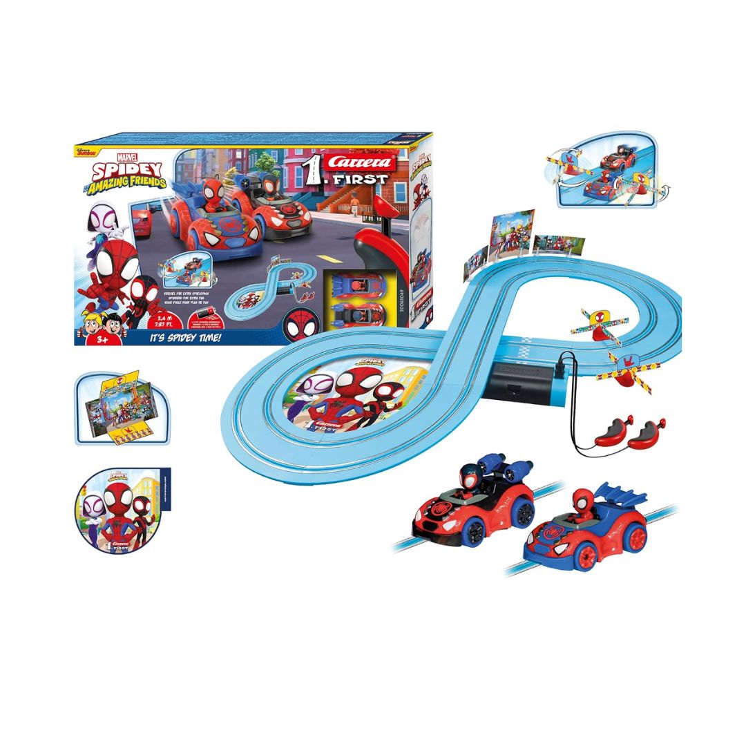 Carrera FIRST Marvel Spidey and His Amazing Friends Web Spinners slot car set featuring Spidey and Spin vehicles on a blue figure-8 racetrack with 2.4 meters of track length, interactive spinners, and ergonomic speed controllers.