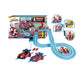 Carrera FIRST Marvel Spidey and His Amazing Friends Web Spinners slot car set featuring Spidey and Spin vehicles on a blue figure-8 racetrack with 2.4 meters of track length, interactive spinners, and ergonomic speed controllers.