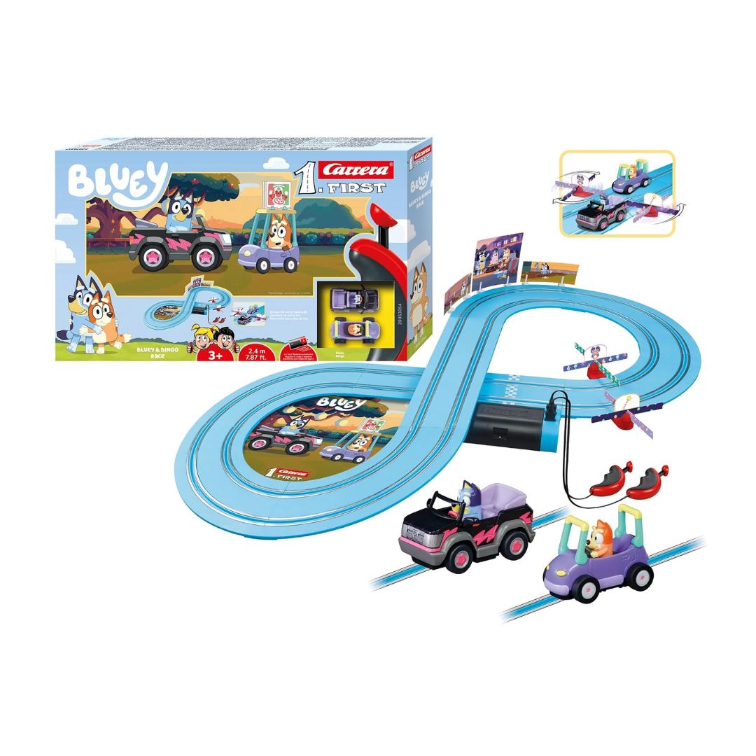 Carrera FIRST Bluey slot car set featuring Bluey and Bingo vehicles on a blue figure-8 racetrack with 2.4 meters of track length, interactive spinners, and ergonomic speed controllers.