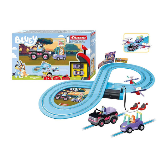 Carrera FIRST Bluey slot car set featuring Bluey and Bingo vehicles on a blue figure-8 racetrack with 2.4 meters of track length, interactive spinners, and ergonomic speed controllers.