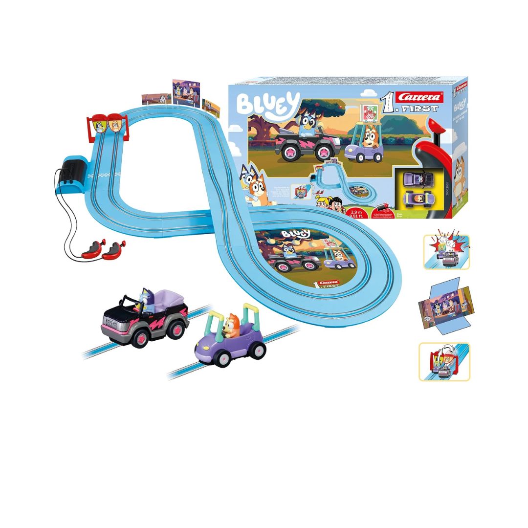 Carrera FIRST Bluey Let's Go slot car set featuring Bluey and Bingo vehicles on an extended 2.9-meter blue figure-8 racetrack with interactive spinners and ergonomic hand controllers.