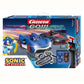 Official SEGA licensed Carrera GO!!! Sonic the Hedgehog slot car set featuring Sonic and Shadow in 1:43 scale racing cars on a 4.3-meter track with a fly-over and speed controllers.