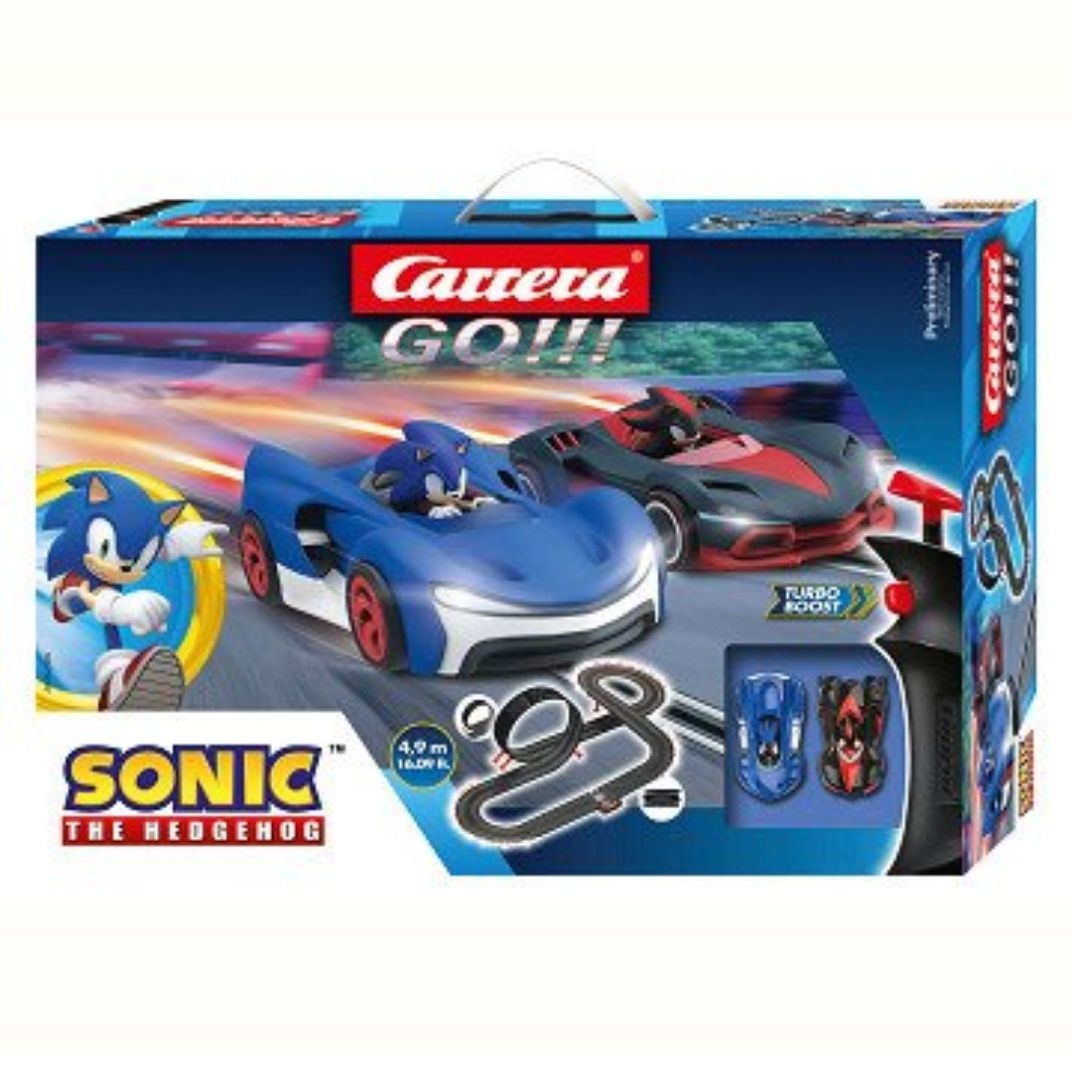 Official SEGA licensed Carrera GO!!! Sonic the Hedgehog slot car set featuring Sonic and Shadow in 1:43 scale racing cars on a 4.3-meter track with a fly-over and speed controllers.