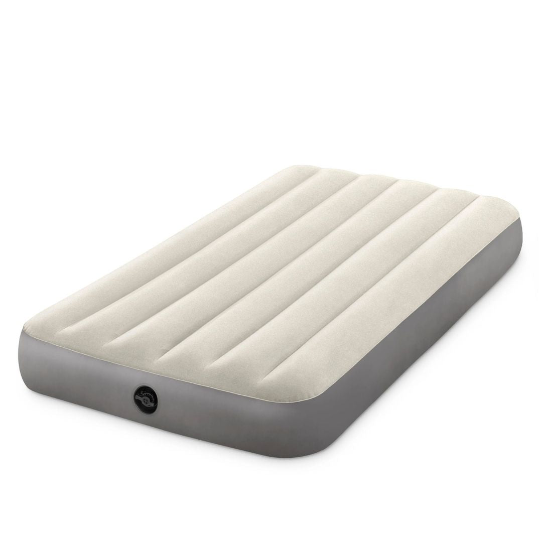 Intex Dura-Beam Full High Bed inflatable mattress featuring a plush flocked sleeping surface, reinforced side walls, and high-strength internal Fiber-Tech support.