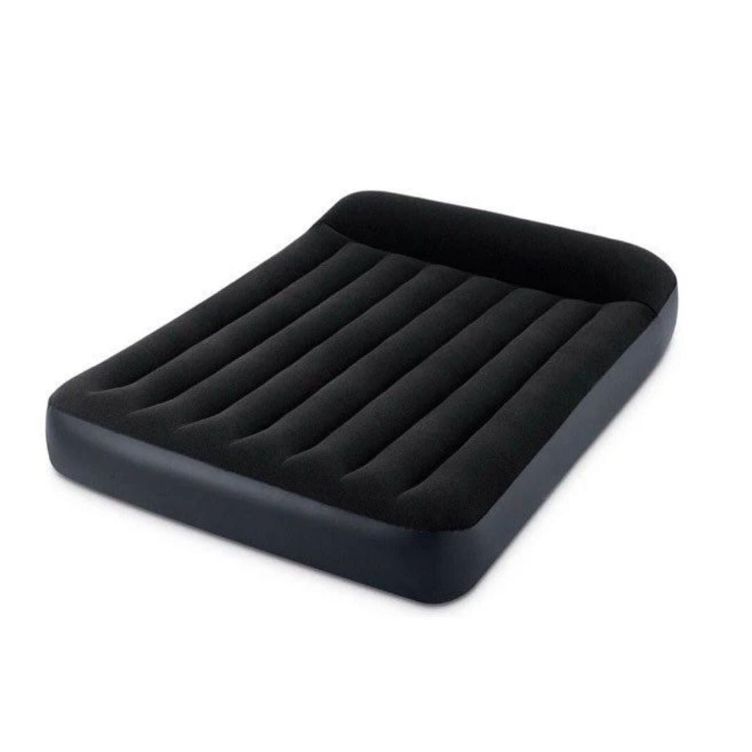 Intex Queen-size Dura-Beam airbed featuring a built-in pillow rest, a plush flocked top, and an integrated electric pump for rapid "manual" inflation.