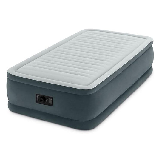 Intex Twin Comfort-Plush elevated airbed featuring a grey flocked sleeping surface, reinforced horizontal air chambers, and an integrated electric pump for rapid inflation.