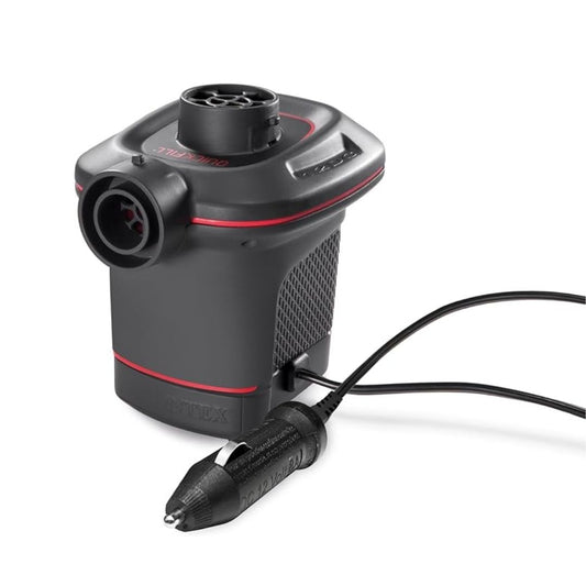 Intex Quick-Fill DC Electric Pump featuring a compact 12V plug-in design, high-volume air flow nozzle, and ergonomic handle for rapid "manual" inflation.