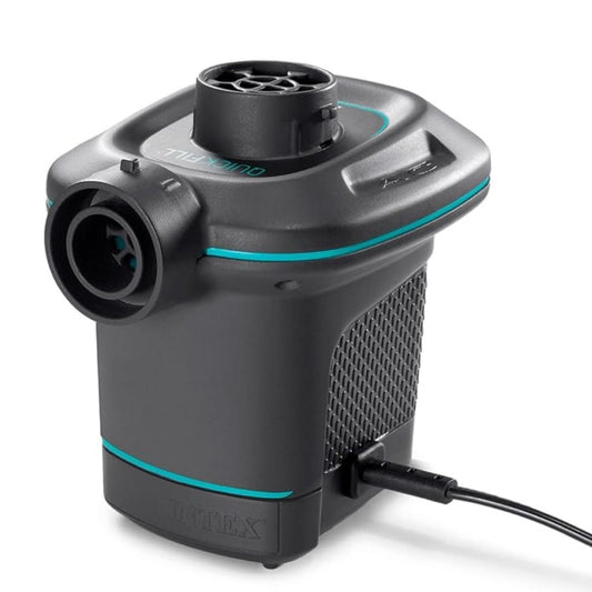 Intex Quick-Fill AC Electric Pump featuring a compact handheld design, three interconnecting nozzles, and a high-volume airflow system for rapid indoor inflation.