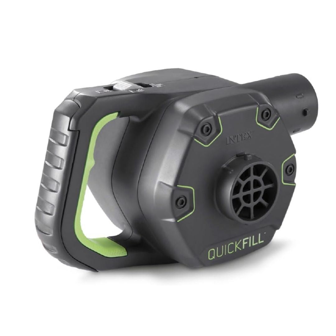 Intex Quick-Fill high-output electric pump featuring a dual-power design for indoor wall outlets and vehicle DC adapters, including three universal nozzles.