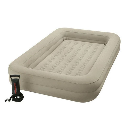 Intex Kids Travel Bed Set featuring a two-part inflatable design with a removable inner mattress, protective outer frame, and a high-output manual hand pump.