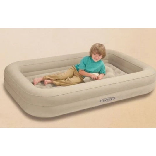 Intex Kids Travel Bed Set featuring a two-part inflatable design with a removable inner mattress, protective outer frame, and a high-output manual hand pump.