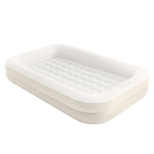 Intex Kidz Travel Bed Set featuring an elevated outer safety frame and a removable inner mattress with a soft-flocked sleeping surface and manual hand pump.