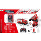 Vibrant multicolor Hongrui Toys R/C Transformer Fire Truck featuring a detailed emergency rescue vehicle mode and a standing combat robot mode with high-traction wheels and a handheld remote control.