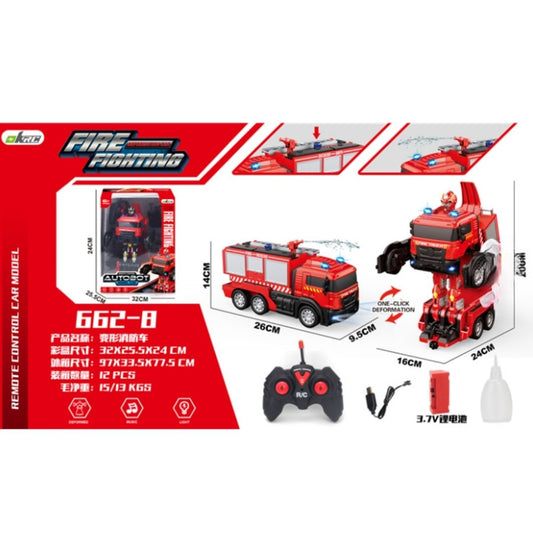 Vibrant multicolor Hongrui Toys R/C Transformer Fire Truck featuring a detailed emergency rescue vehicle mode and a standing combat robot mode with high-traction wheels and a handheld remote control.