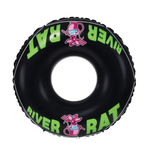 Intex River Rat inflatable tube featuring a bold black and white "River Rat" graphic, dual air chambers, and an all-around grab rope for safe river and pool floating.