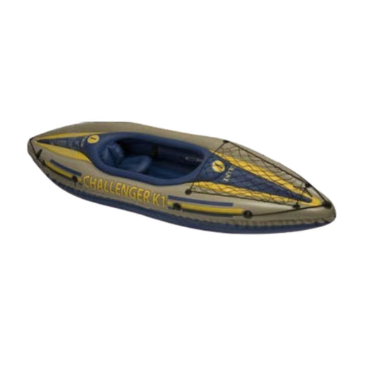 Intex Challenger K1 inflatable kayak featuring a streamlined green design, a low-profile cockpit, an adjustable inflatable seat, and high-visibility sporty graphics.