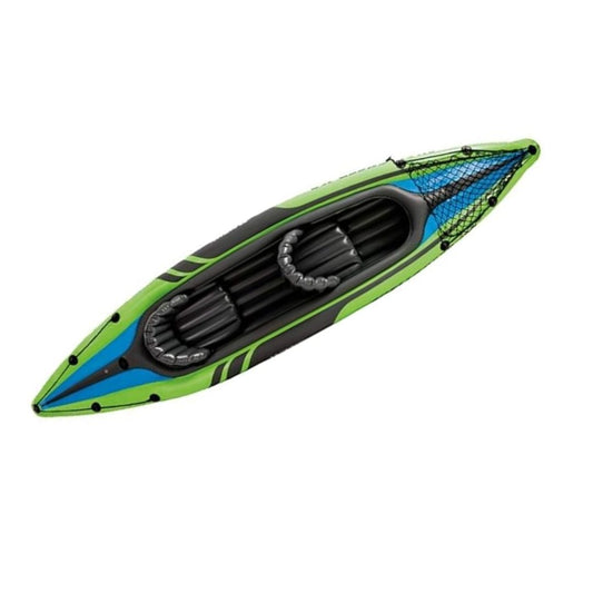 Intex Challenger K2 two-person inflatable kayak featuring a streamlined sporty green design, dual adjustable inflatable seats, and a low-profile cockpit for lakes and mild rivers.