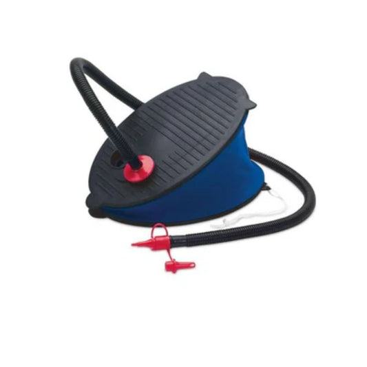 Intex Bellows Foot Pump featuring a durable accordion-style design, a flexible air hose, and multiple nozzle attachments for inflating airbeds and pool toys.