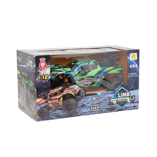 LT RC Cars 1:12 scale high-speed RC climber featuring a multicolor aerodynamic body, oversized off-road tires, and a functional water mist spray exhaust system with LED lighting.
