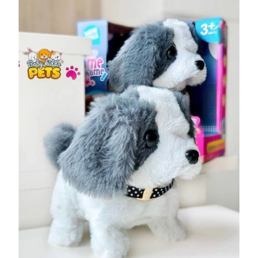 LT Cute Pet Pals interactive toy dog with white and brown spotted fur, featuring battery-operated walking movement and a friendly expression for kids aged 3+.