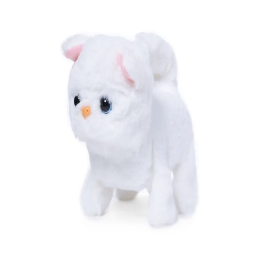 LT Cute Pet Pals interactive white toy cat featuring soft plush fur, battery-operated walking movement, and meowing sound effects in a colorful display box.