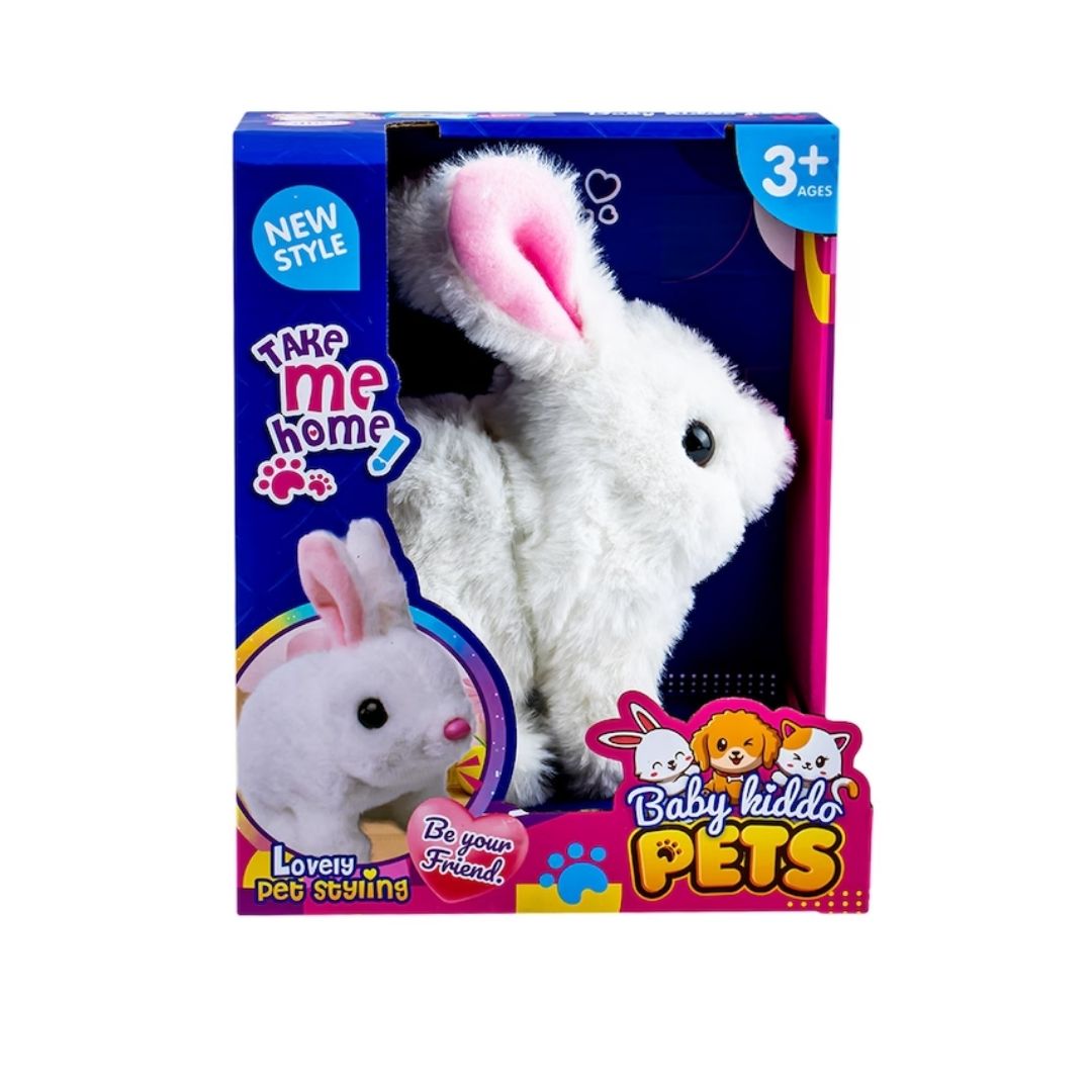 LT Cute Pet Pals battery-operated white plush rabbit featuring soft white fur, twitching pink nose, and hopping movement in a colorful interactive toy display box.