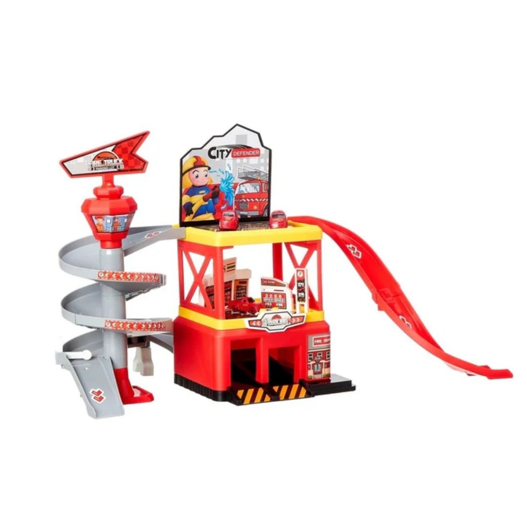 Vibrant red and multicolor Synpo City Parking Lot model kit featuring a multi-level garage structure, spiral exit ramps, parking bays, and traffic signage for interactive toy car play.
