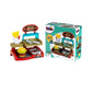 Theo Klein Fast Food Burger Station play set featuring a tabletop order counter with interactive touch menu display, stackable burger ingredients, French fries, drink cup, and payment accessories.