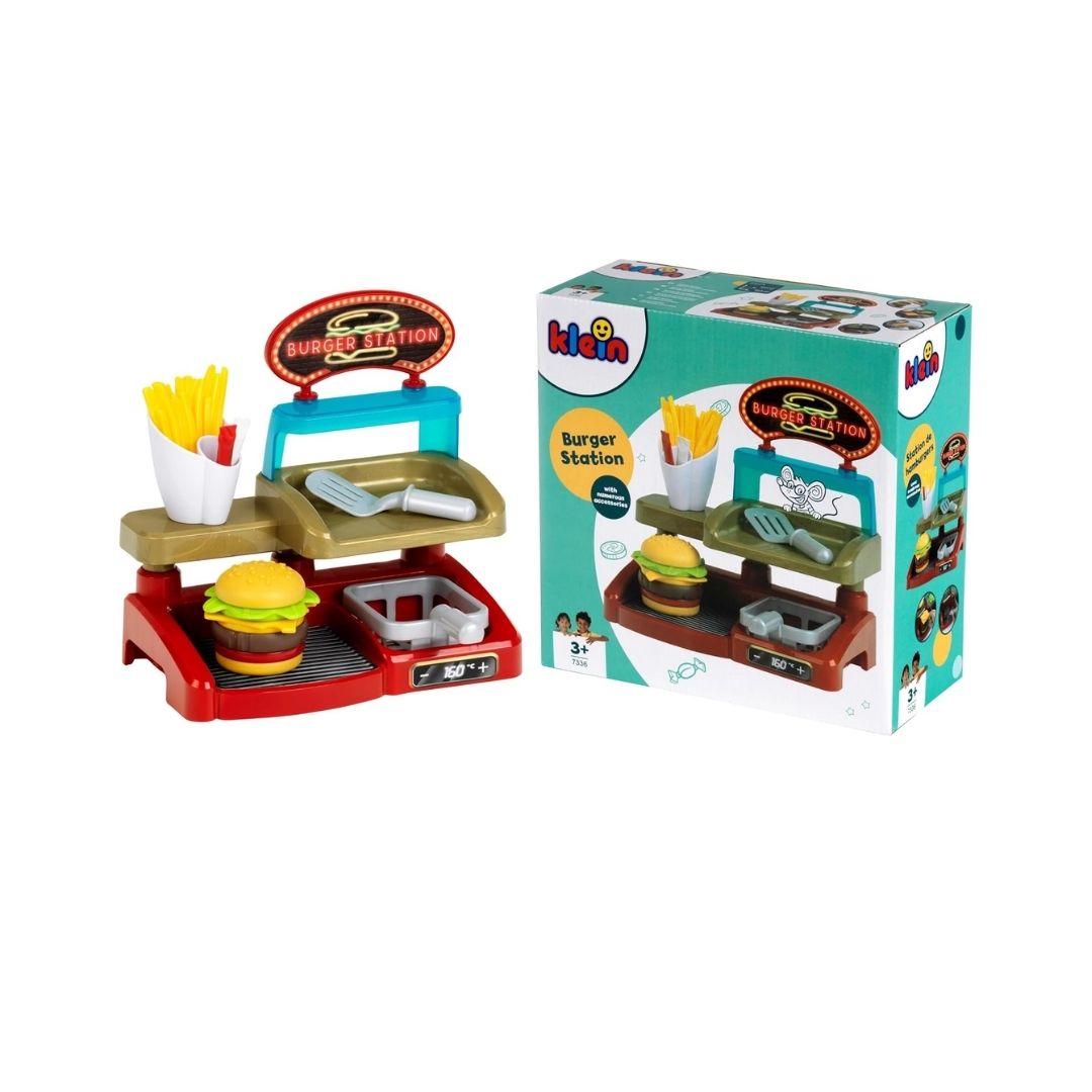 Theo Klein Fast Food Burger Station play set featuring a tabletop order counter with interactive touch menu display, stackable burger ingredients, French fries, drink cup, and payment accessories.