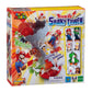 Super Mario Blow Up Shaky Tower featuring a red and blue tiered tower base with seven miniature Super Mario character figures balanced on various platforms.