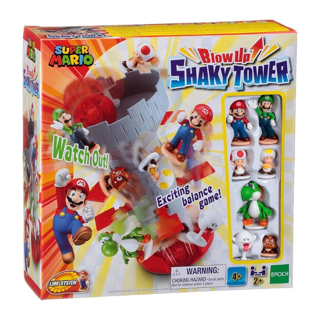 Super Mario Blow Up Shaky Tower featuring a red and blue tiered tower base with seven miniature Super Mario character figures balanced on various platforms.